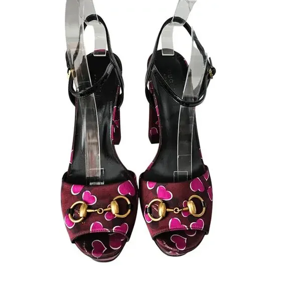 Gucci Claudie Horsebit Platform Block Heel Sandal Size 41 US 11 Pink Heart - Picture 2 of 8